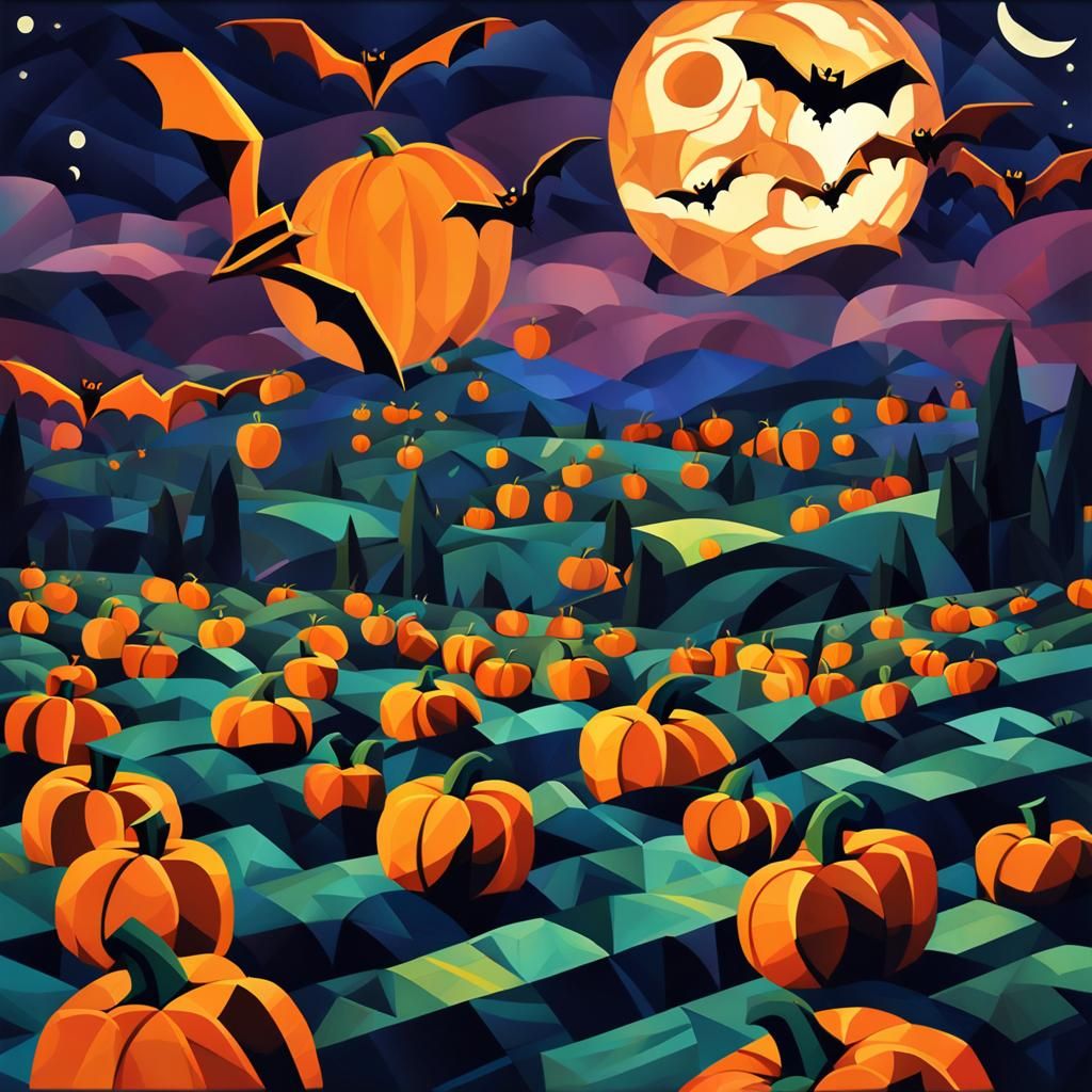 Batik Pumpkin Patch at Night in Cubist Style