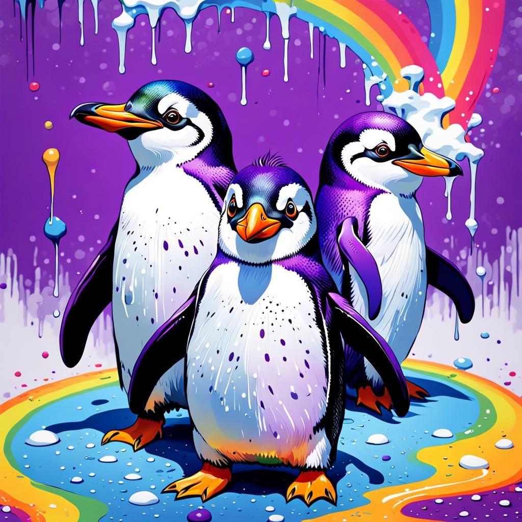Polychromatic Cartoon Penguins in Graffiti Style