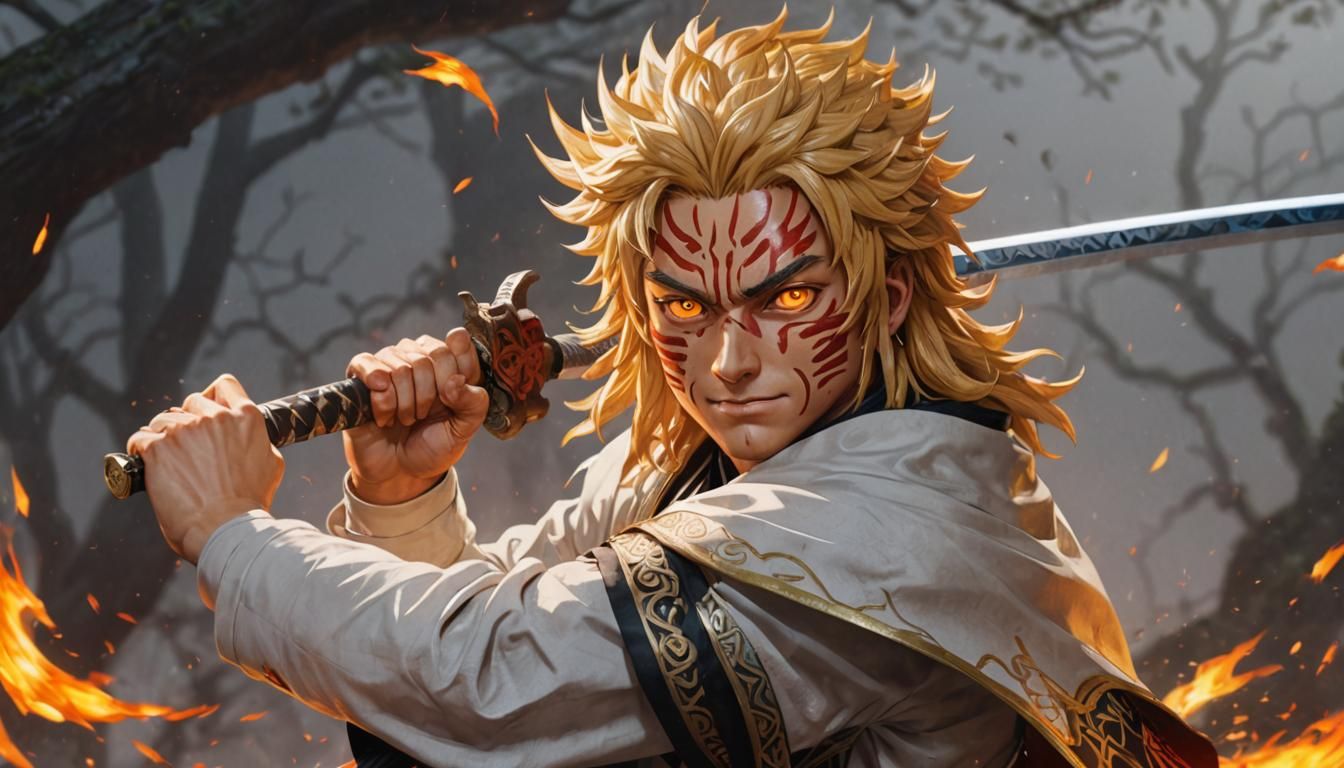 Rengoku Portrait in Hyperdetailed Digital Art Style