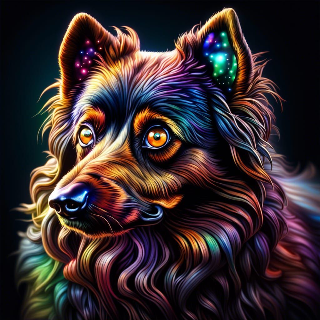 Hyperrealistic Dog with Iridescent Reflective Eyes
