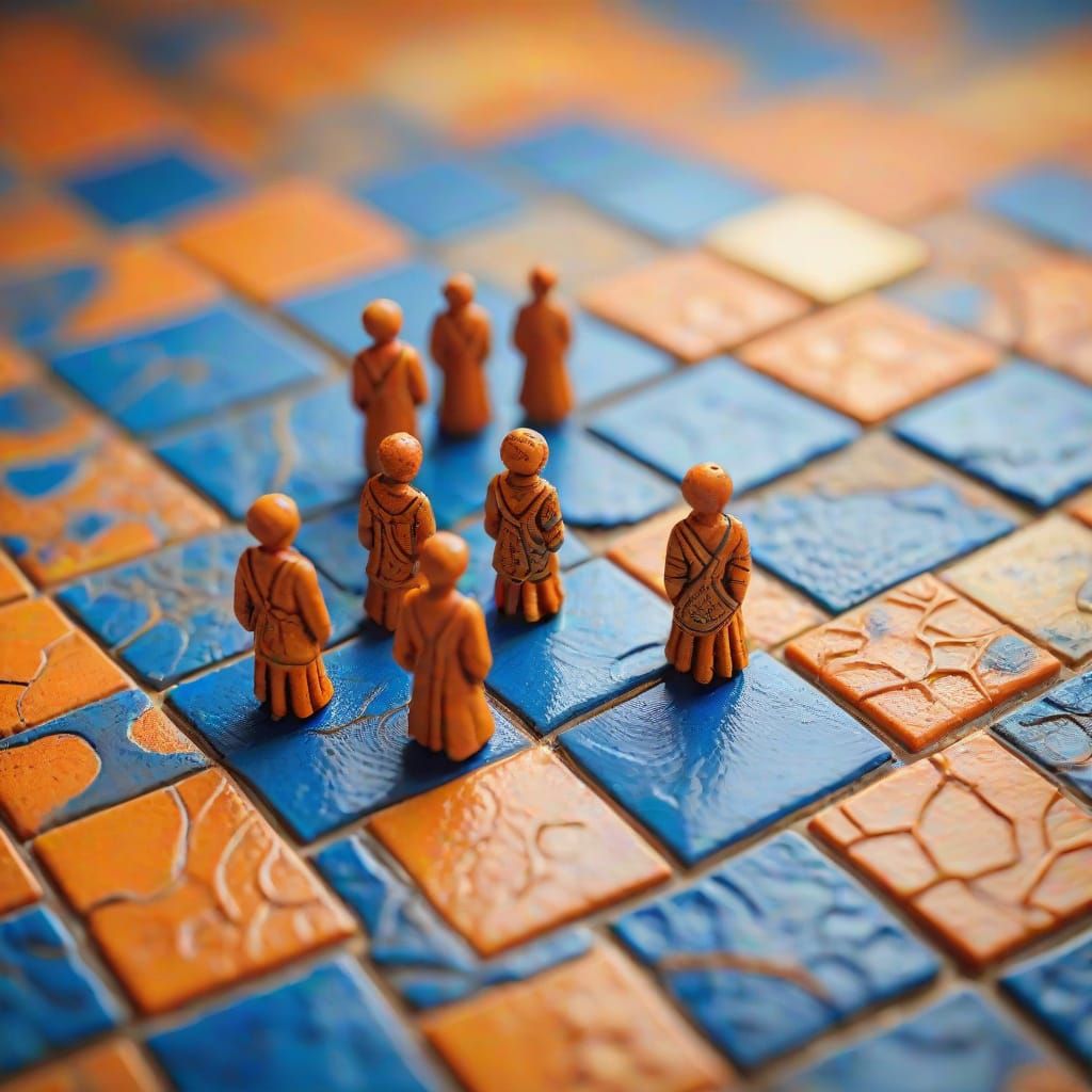 Miniature Clay Figures Play on Textured Tiles