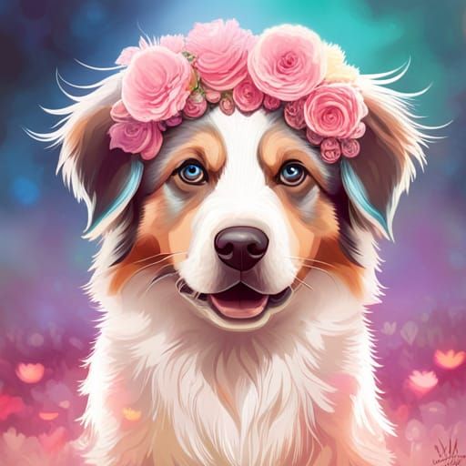Australian Shepherd Puppy with Flower Crown: Concept Art