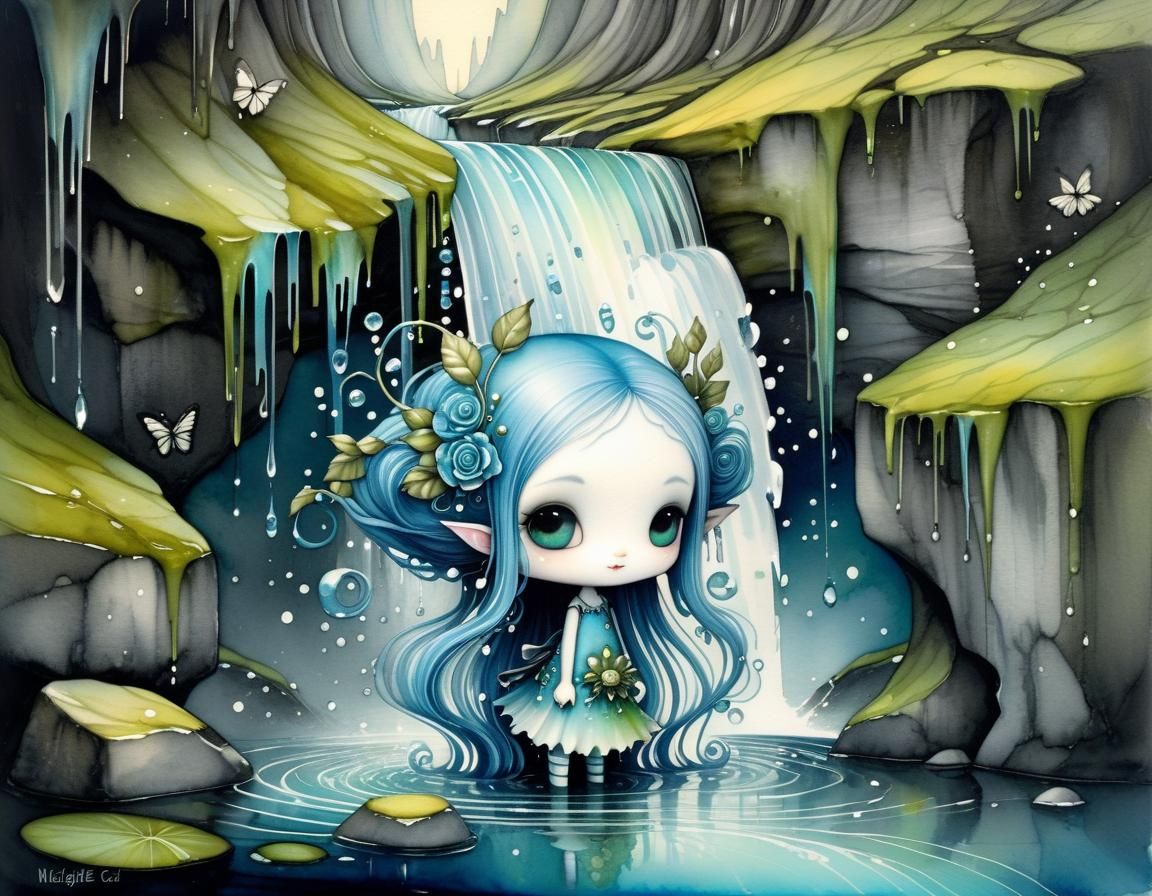 Whimsical Water Sprite in Hyperdetailed Waterfall Scene
