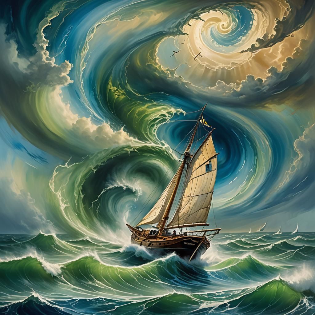 Surreal Sailboat Navigates Tornado in Dreamlike Landscape