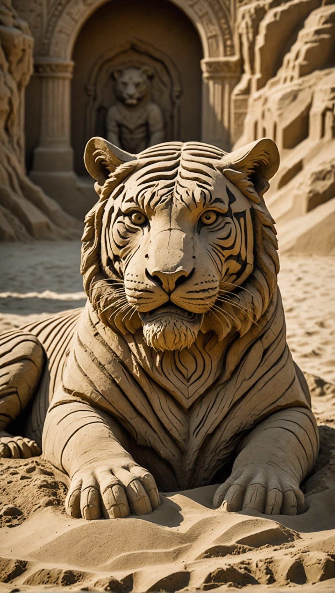 Detailed Sand Sculpture of a Tiger