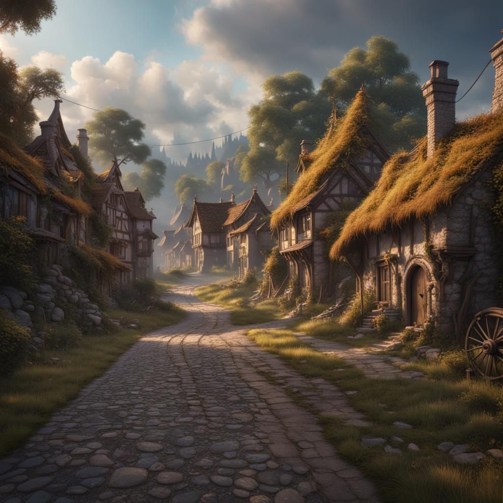 Fantastical Village Road in Detailed Matte Painting