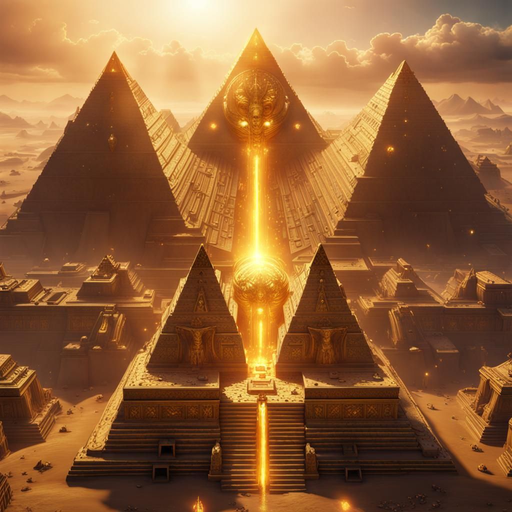 Winged Sun Goddess Before Golden Pyramids