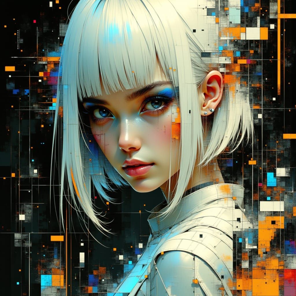 Cyberpunk Digital Art of a Glitched White-Haired Model