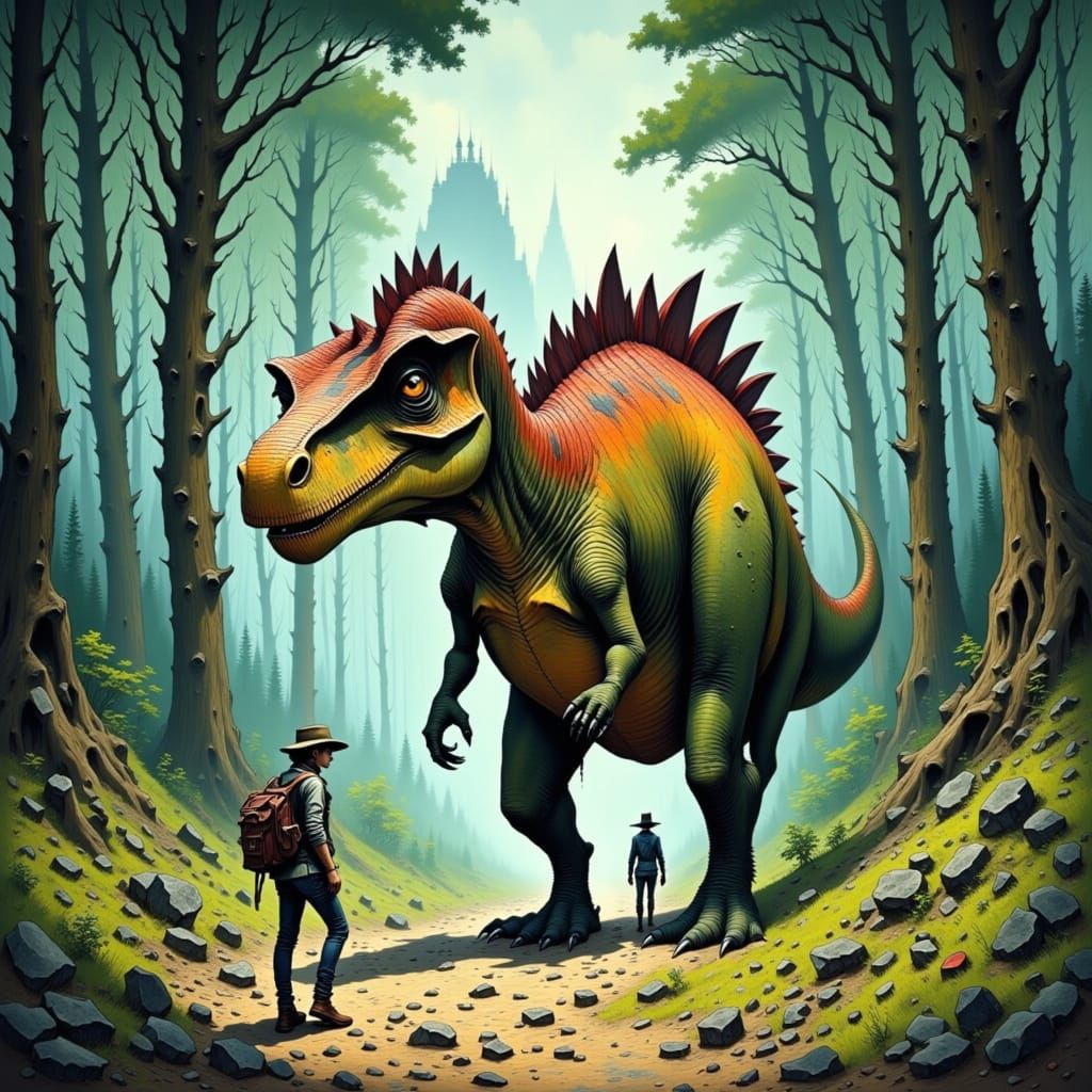 Dinosaur Walk in Prehistoric Forest, Animated Style