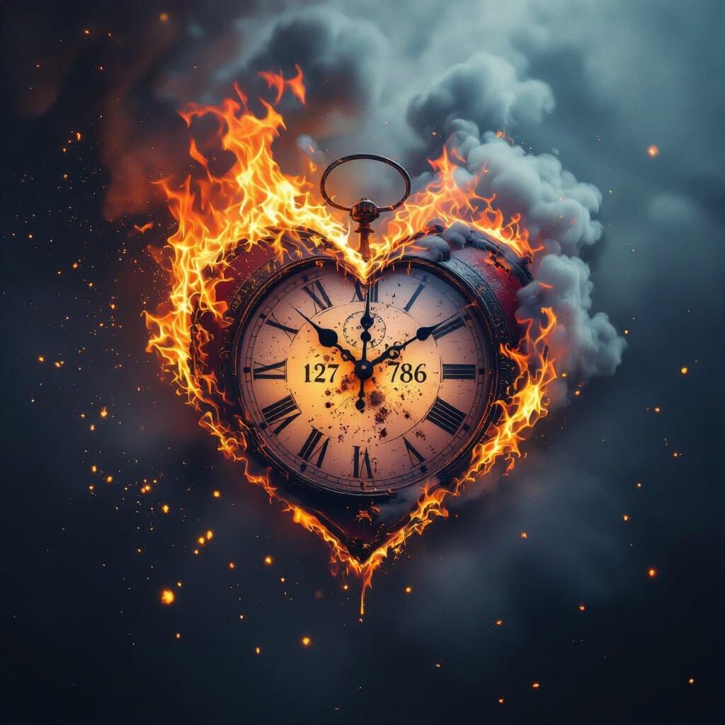 Fiery Clock on Heart with Starry Sky