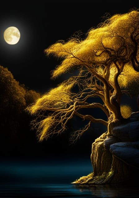 Golden Weeping Tree by Lake at Night
