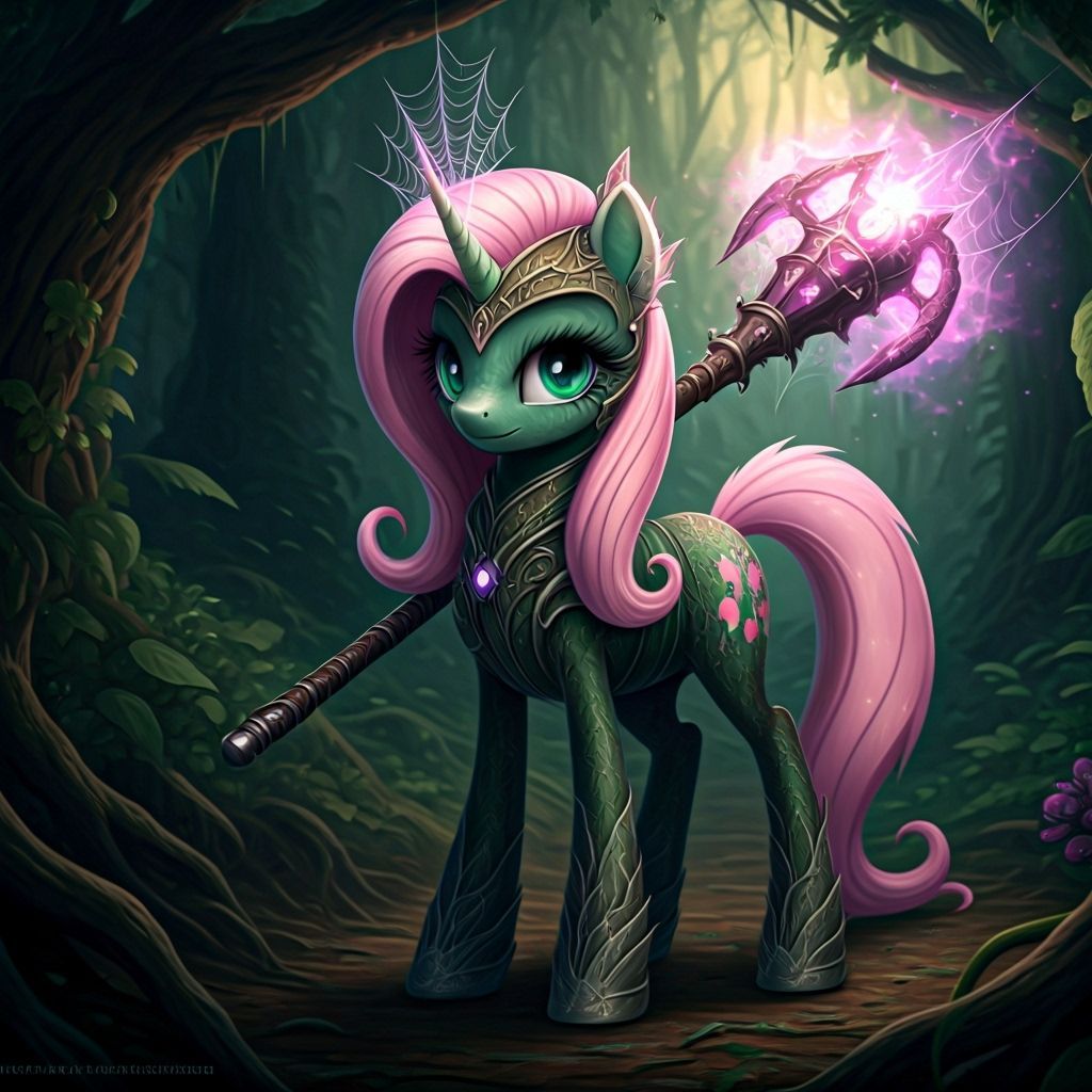 Spider Druid Fluttershy with Mace in Mystical Forest
