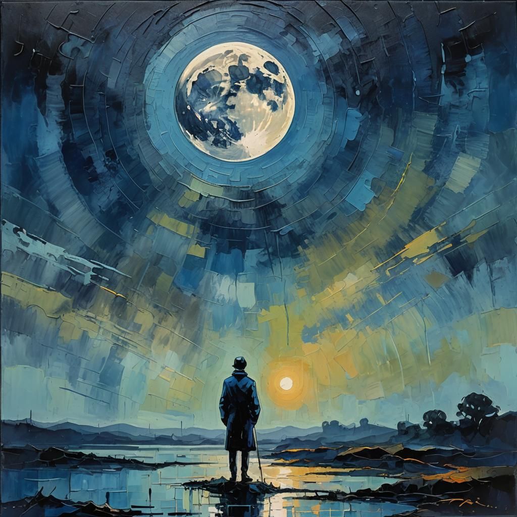 Figure Under Blue Moon in Neo-Impressionist Style