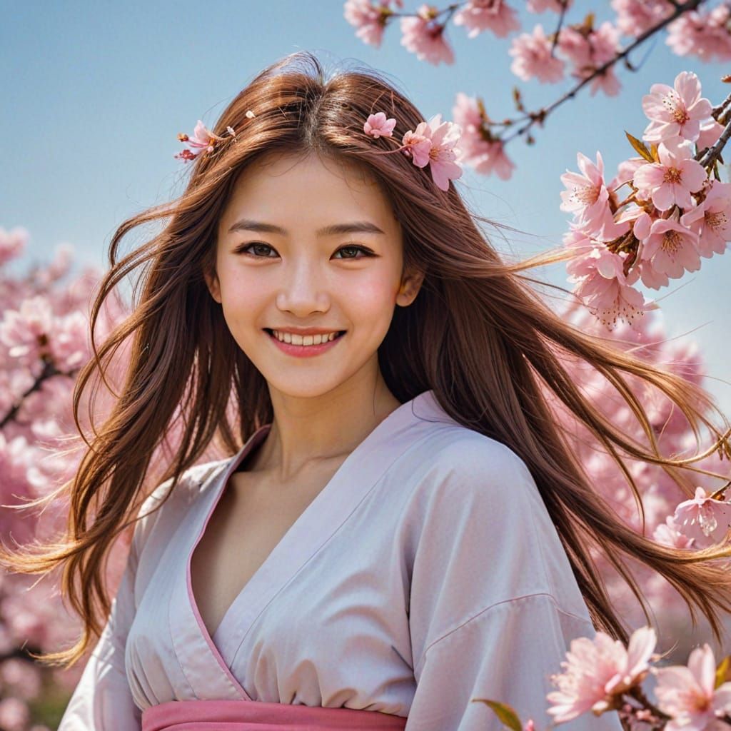A Beautiful Fantasy Portrait of a Sakura Goddess with Long H...