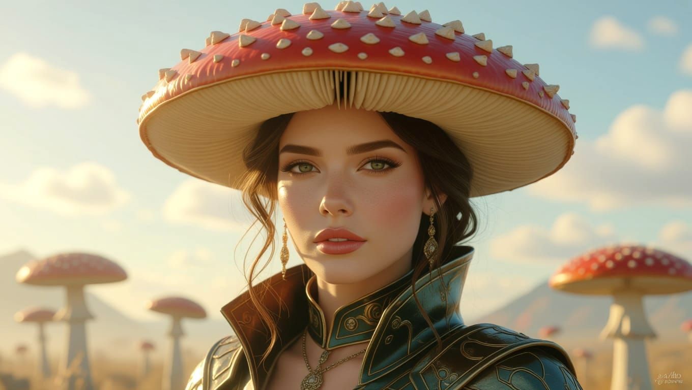 Fantasy Cinematic Woman with Mushroom Hair in Impasto Style