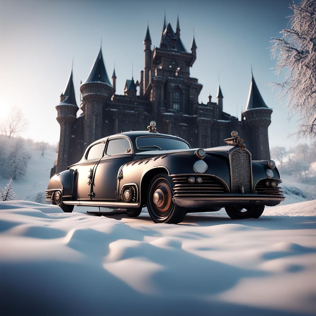 gothic steampunk car parked in front of a gothic glass old castle in snowy winter