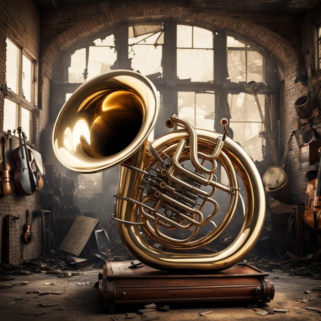 Tuba Gleaming Amidst Broken Instruments: Steampunk Style