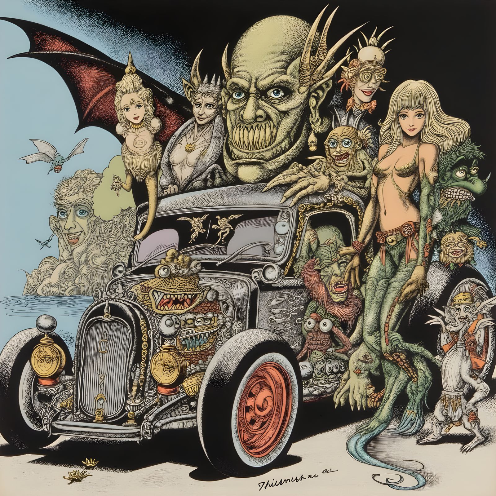Surreal Hot Rod Scene with Monsters