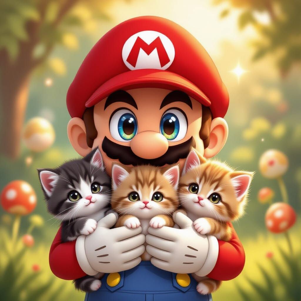 Kawaii Mario Holding Adorable Fluffy Kittens in Anime Style