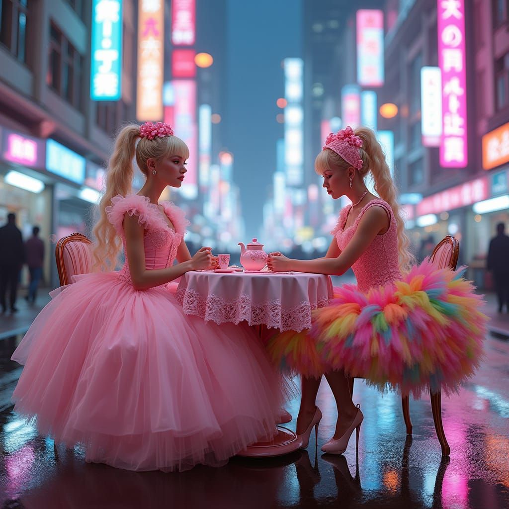 Cyberpunk Sissies Enjoy Tea in Futuristic Cityscape