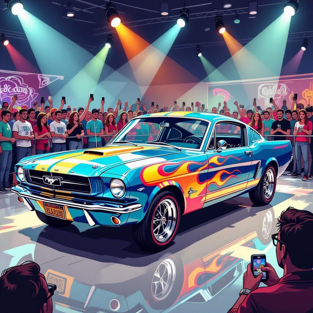 Customized 1965 Ford Mustang with Flames at Car Show