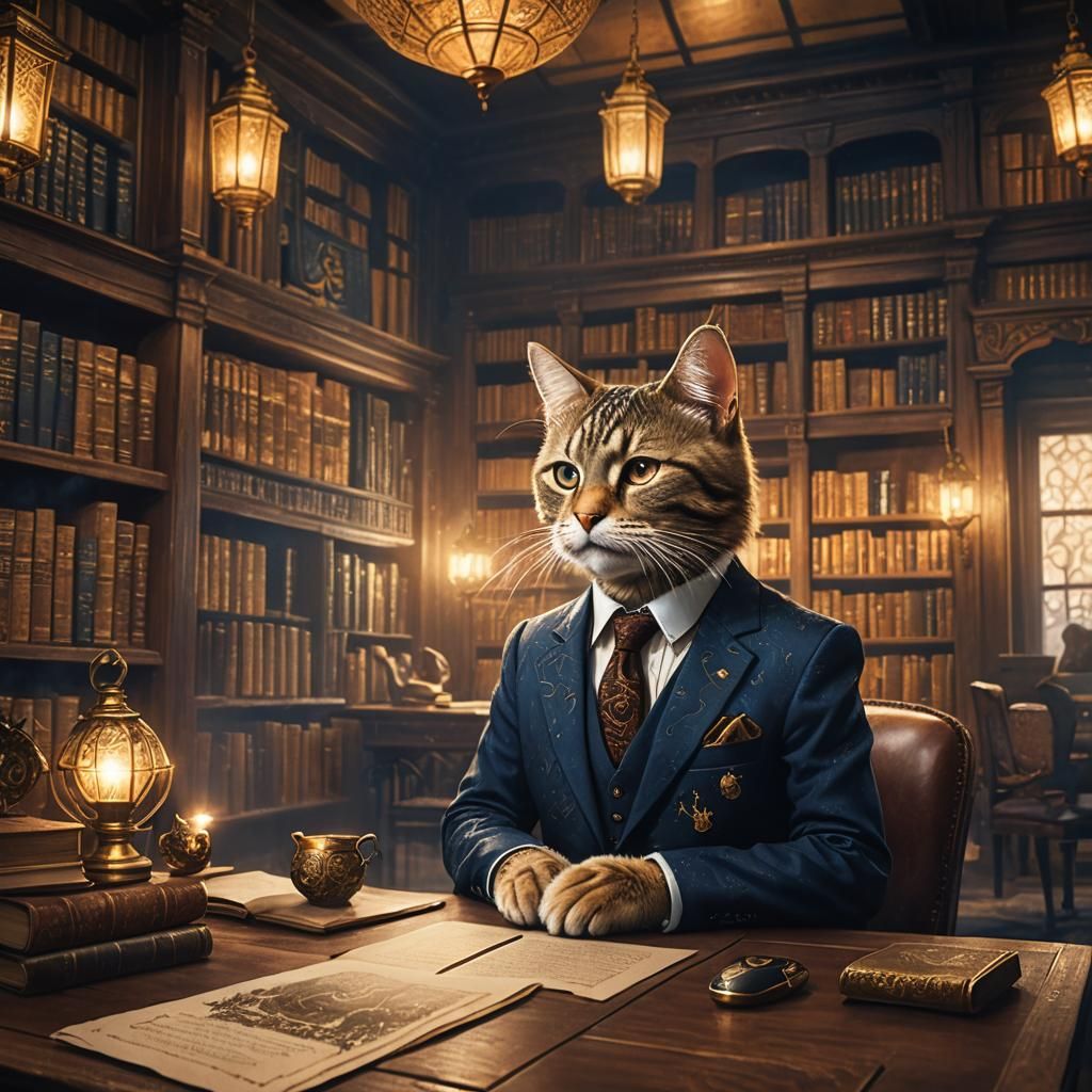 Cat in Suit and Tie in Mystical Library