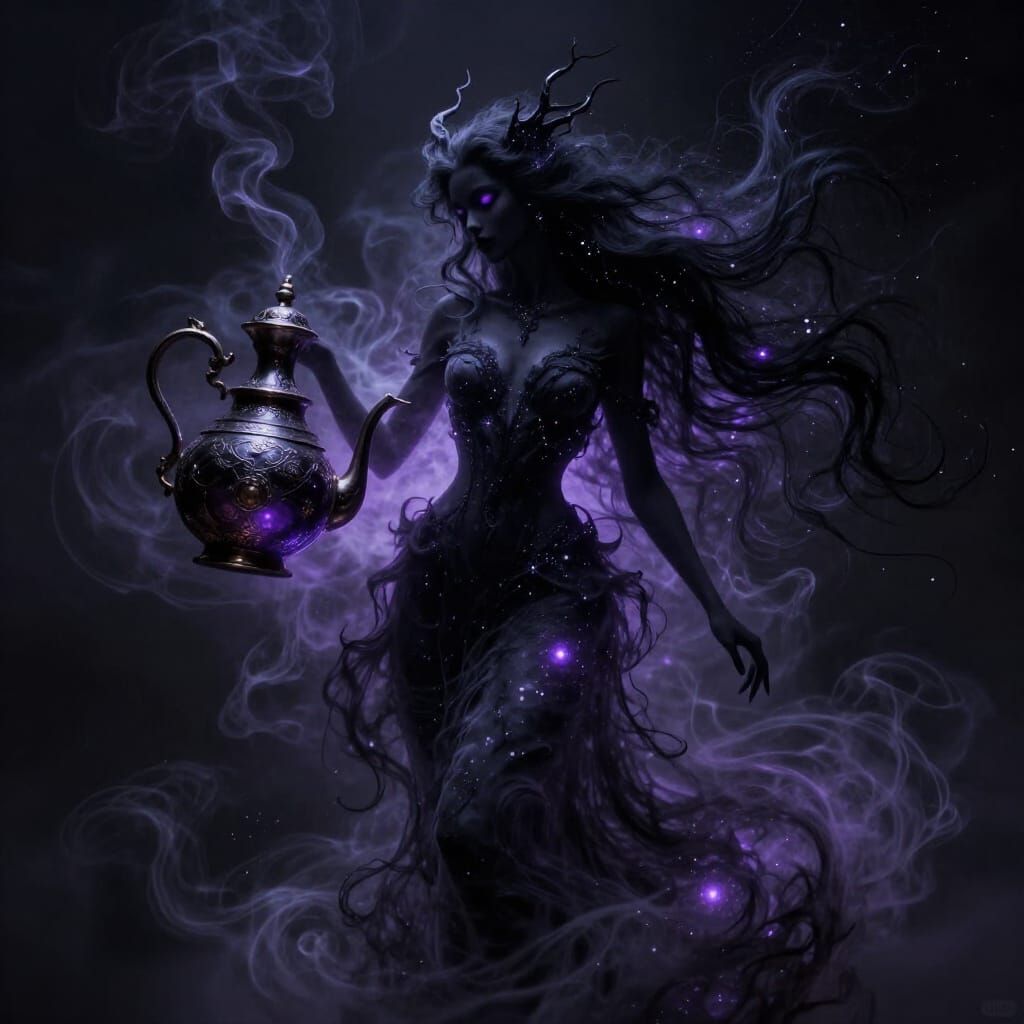Ethereal Djinni Emerges from Obsidian Teapot in Cosmic Style
