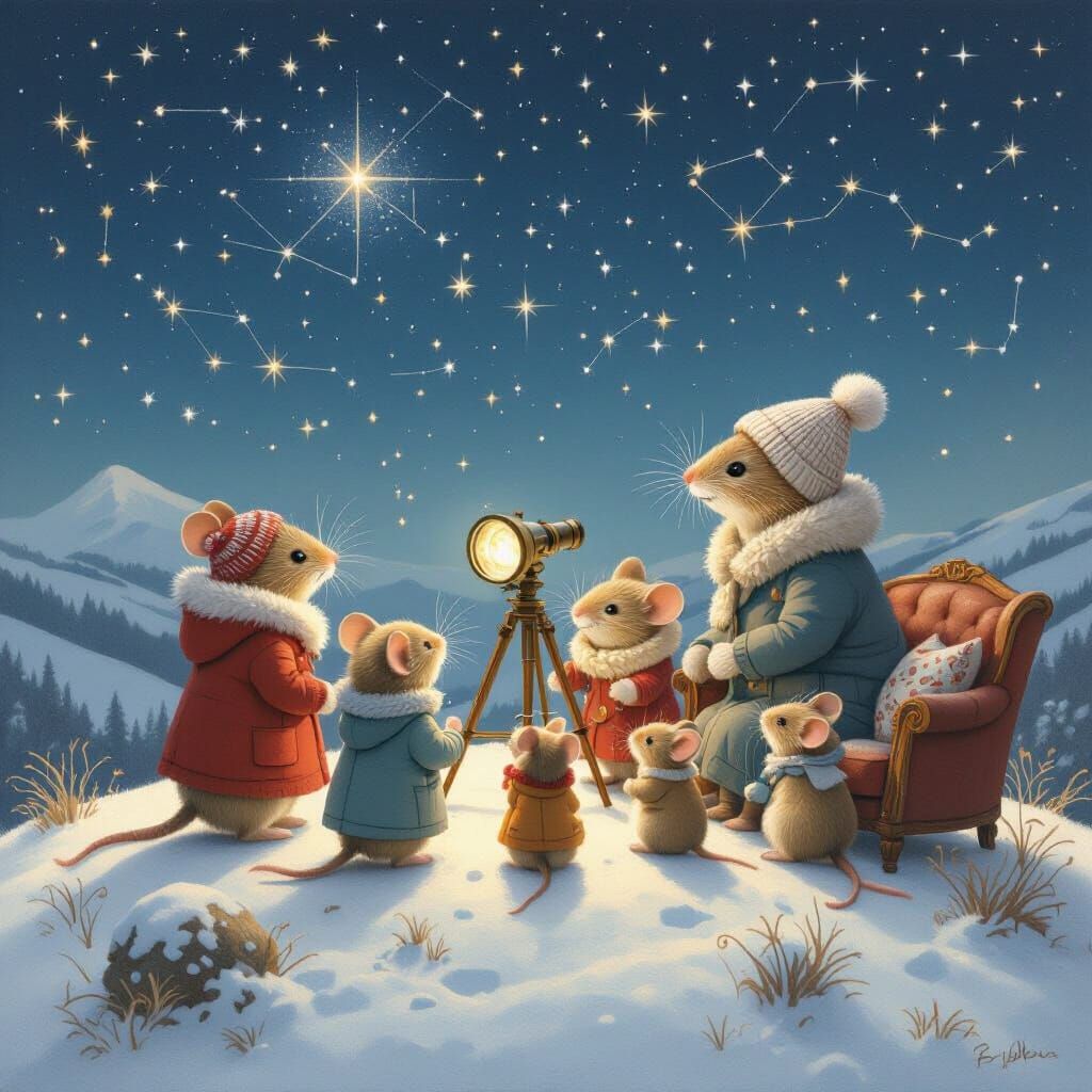 Mice Stargazing in Snowy Observatory, Hyper-Realistic Style
