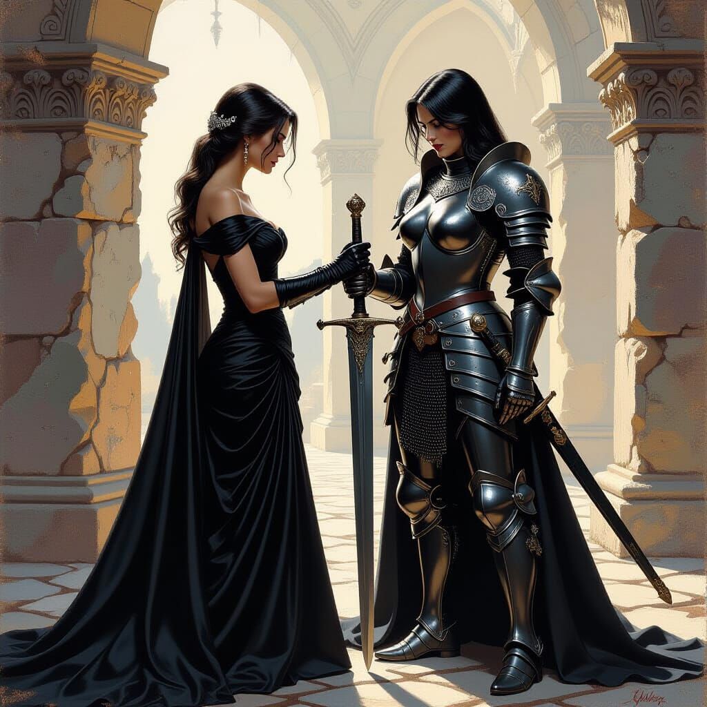 Armored Knight Prepares for Battle: Oil Painting