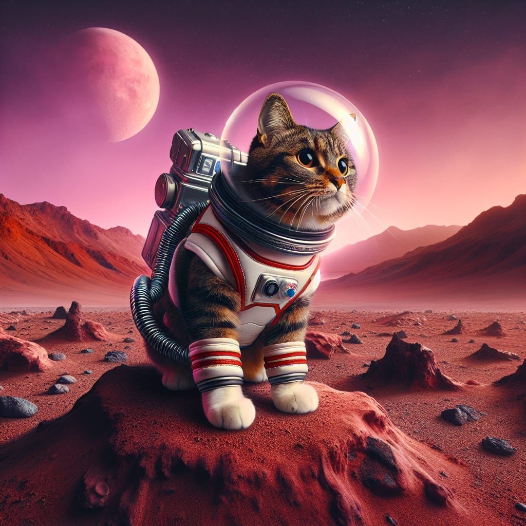 Tabby Cat Astronaut Exploring the Barren Landscapes of Mars