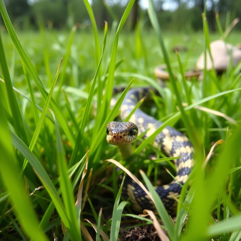 Snake Hidden in Lush Green Grass