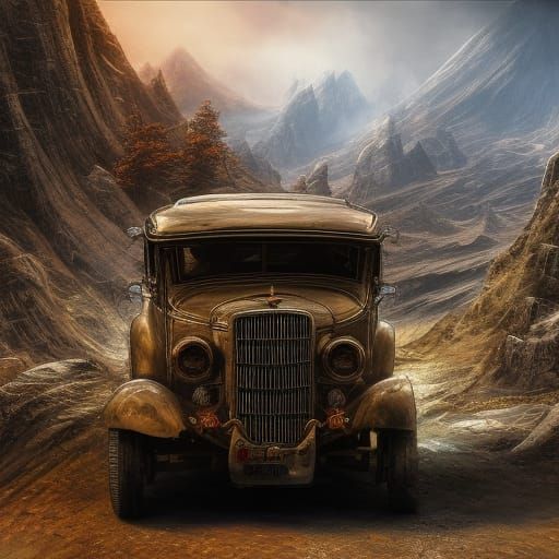 Jalopy Car Driving Across Sunny Mountains