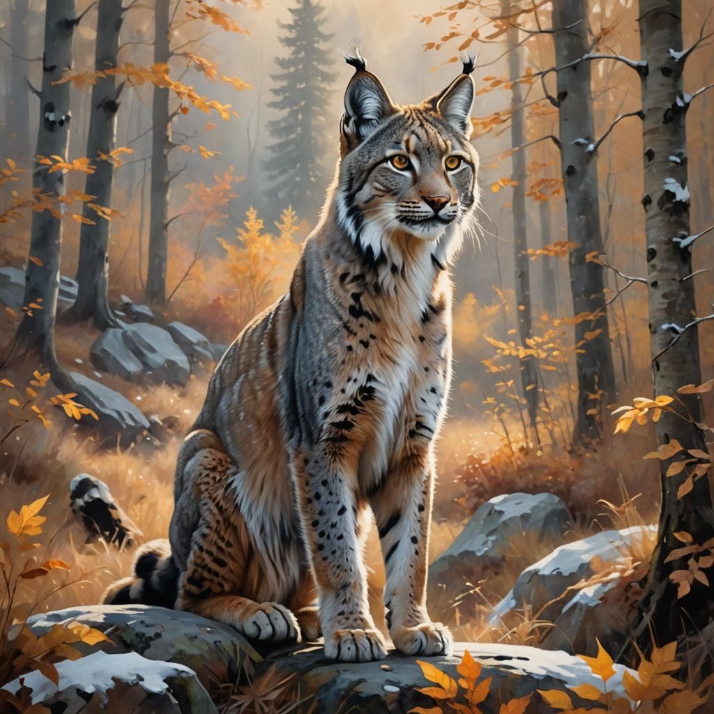 Lynx in Autumn Forest: Soft Focus Oil Painting