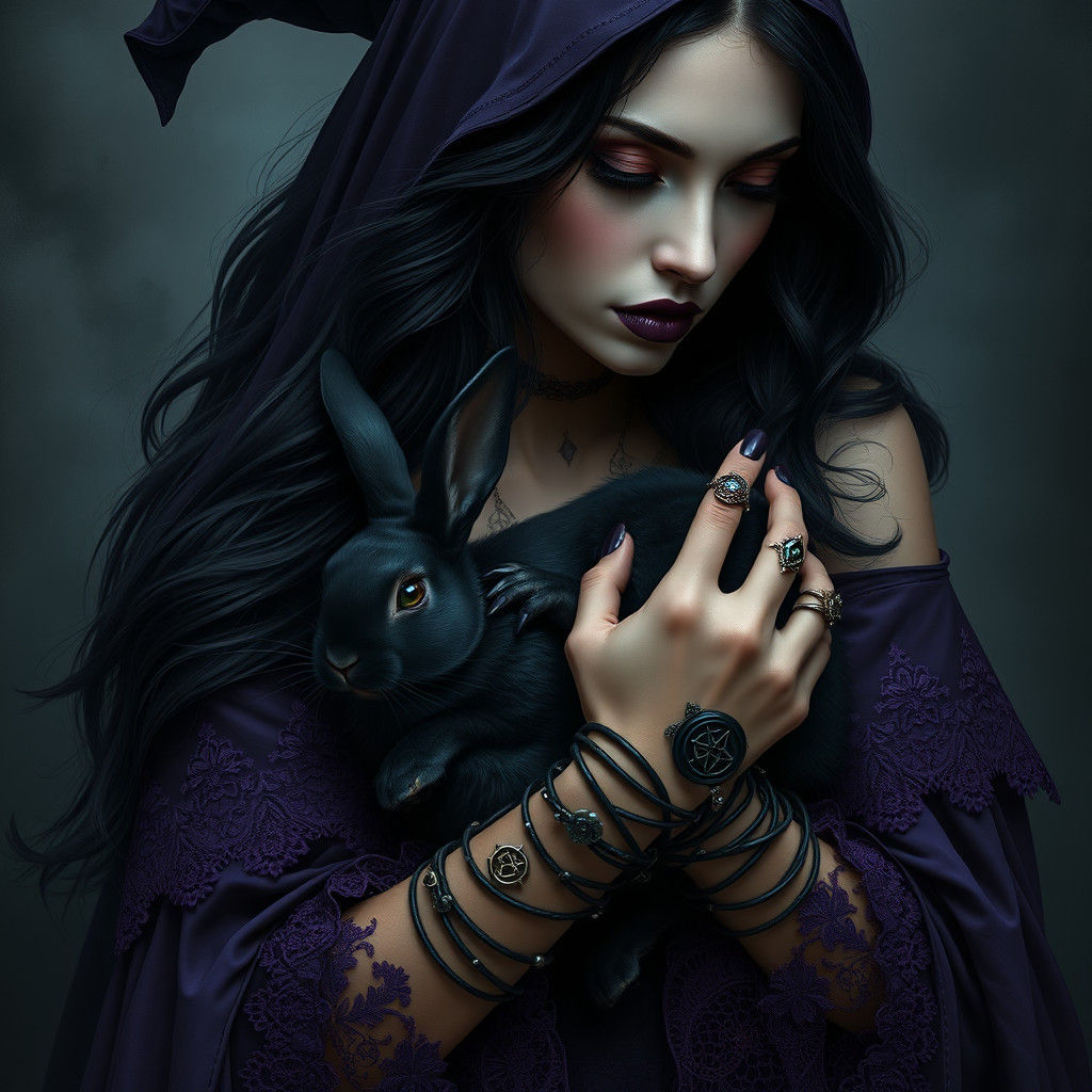 Mystical Dark Witch Woman with Raven and Rabbit