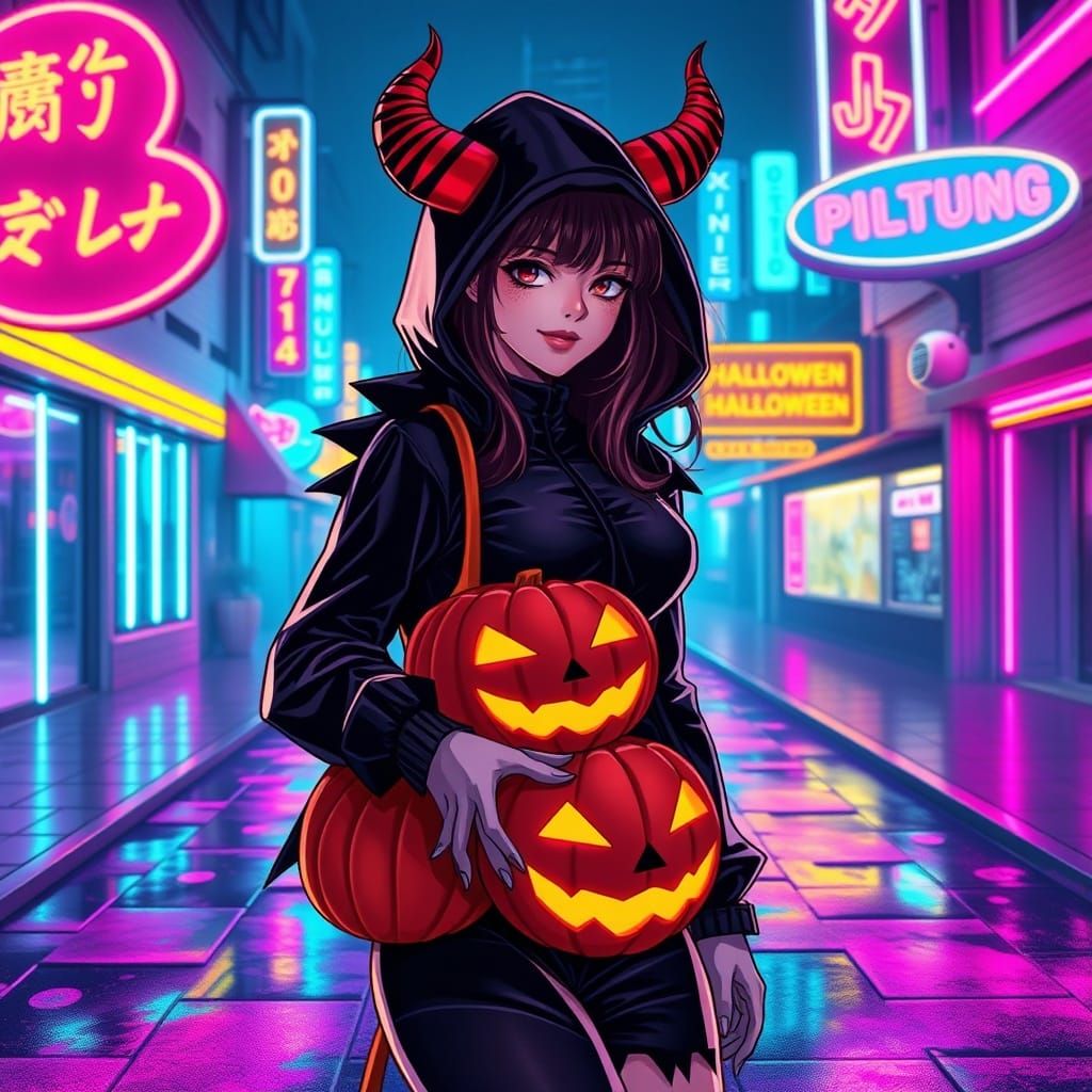 Anime Woman in Demonic Halloween Costume with Pumpkin Basket