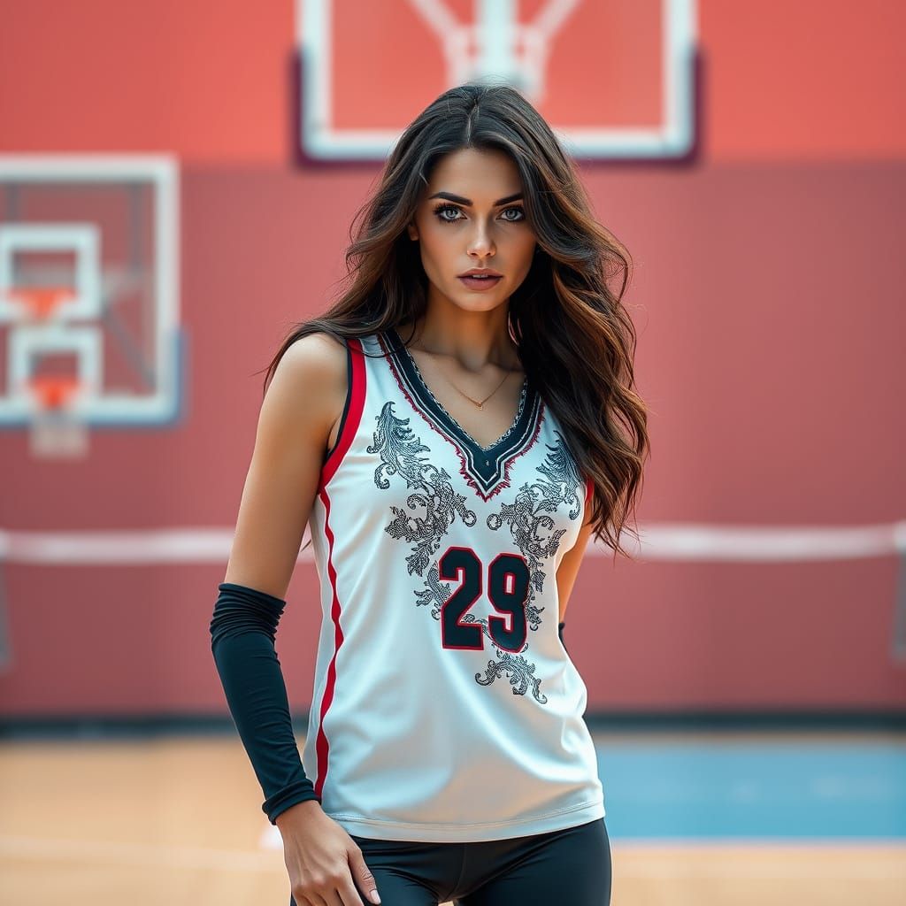 Glamorous Woman on Basketball Court in High Fashion Style