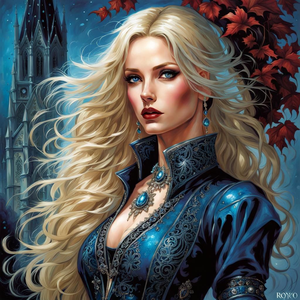 Beautiful Gothic Woman in Dark Azure Clothes