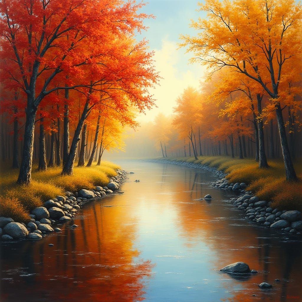 Autumn River Landscape in Impressionist Style