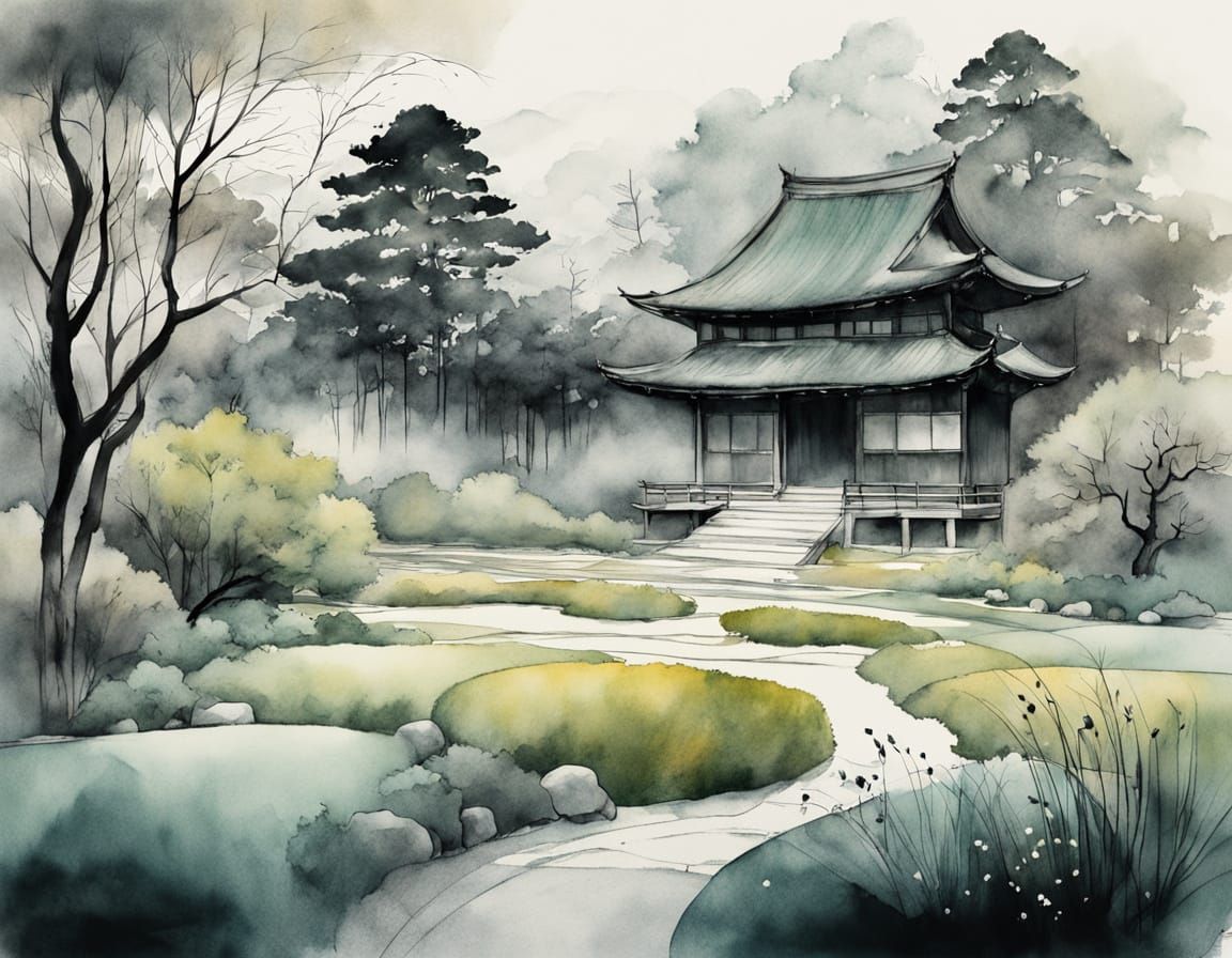 Surreal Watercolor Painting of a Serene Zen Garden