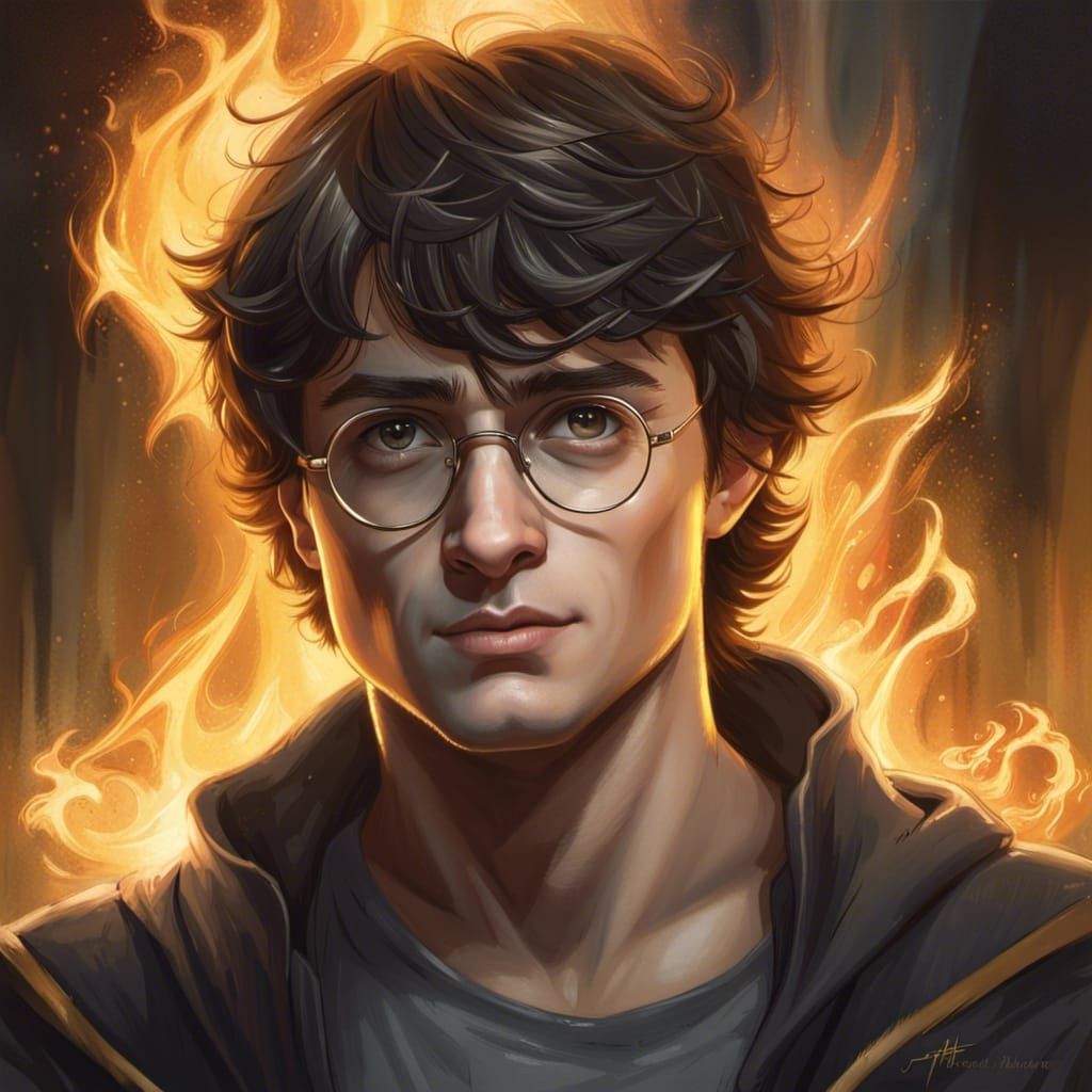 Harry Potter Portrait with Golden Fire, Digital Art
