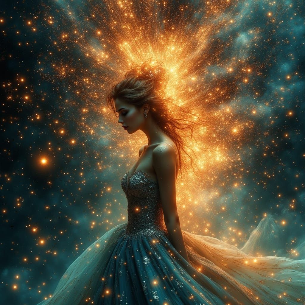 Cosmic Star Hair Woman in Ethereal Gown, Boris Vallejo Style