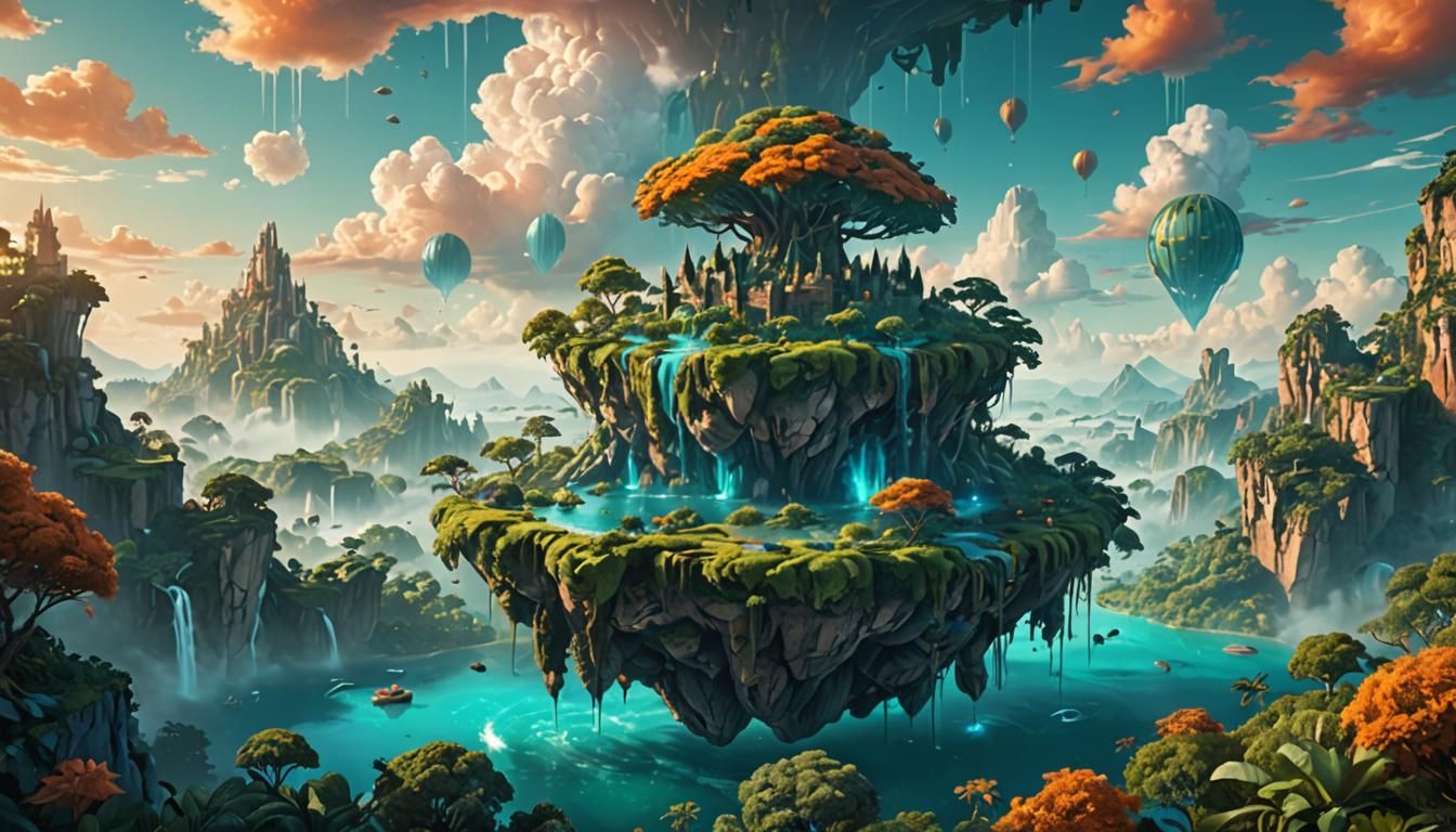 Majestic Floating Island Concept Art in Teal and Orange