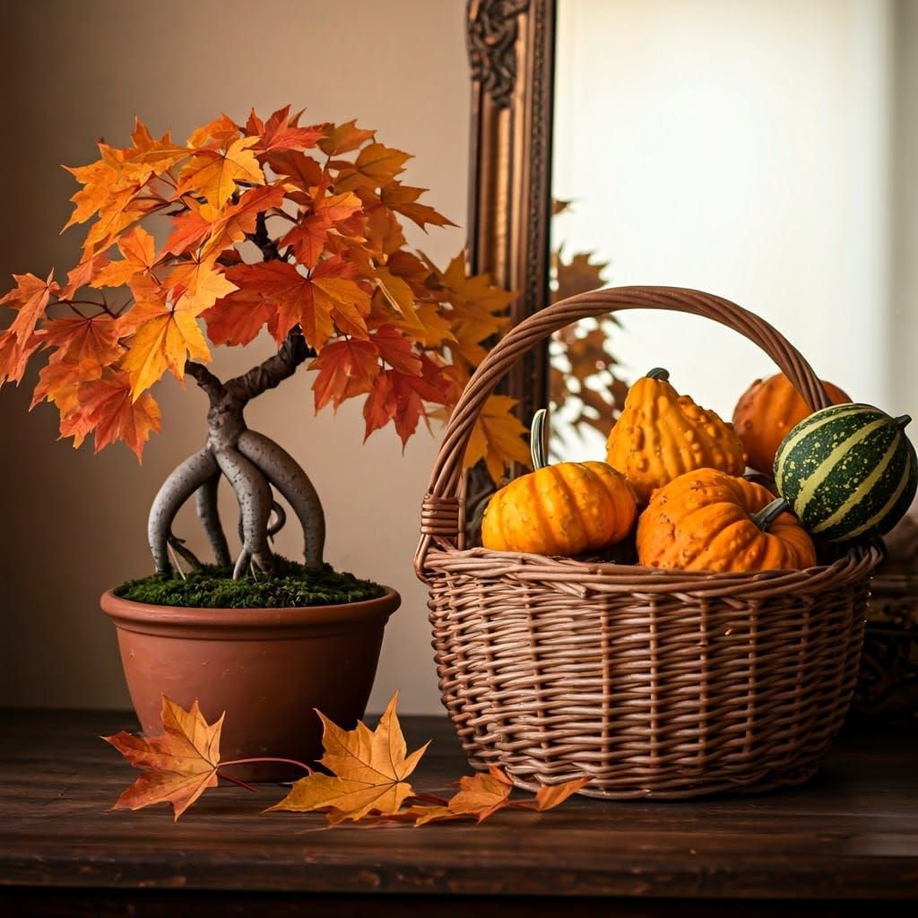 Watercolor Still Life with Gourds and Bonsai