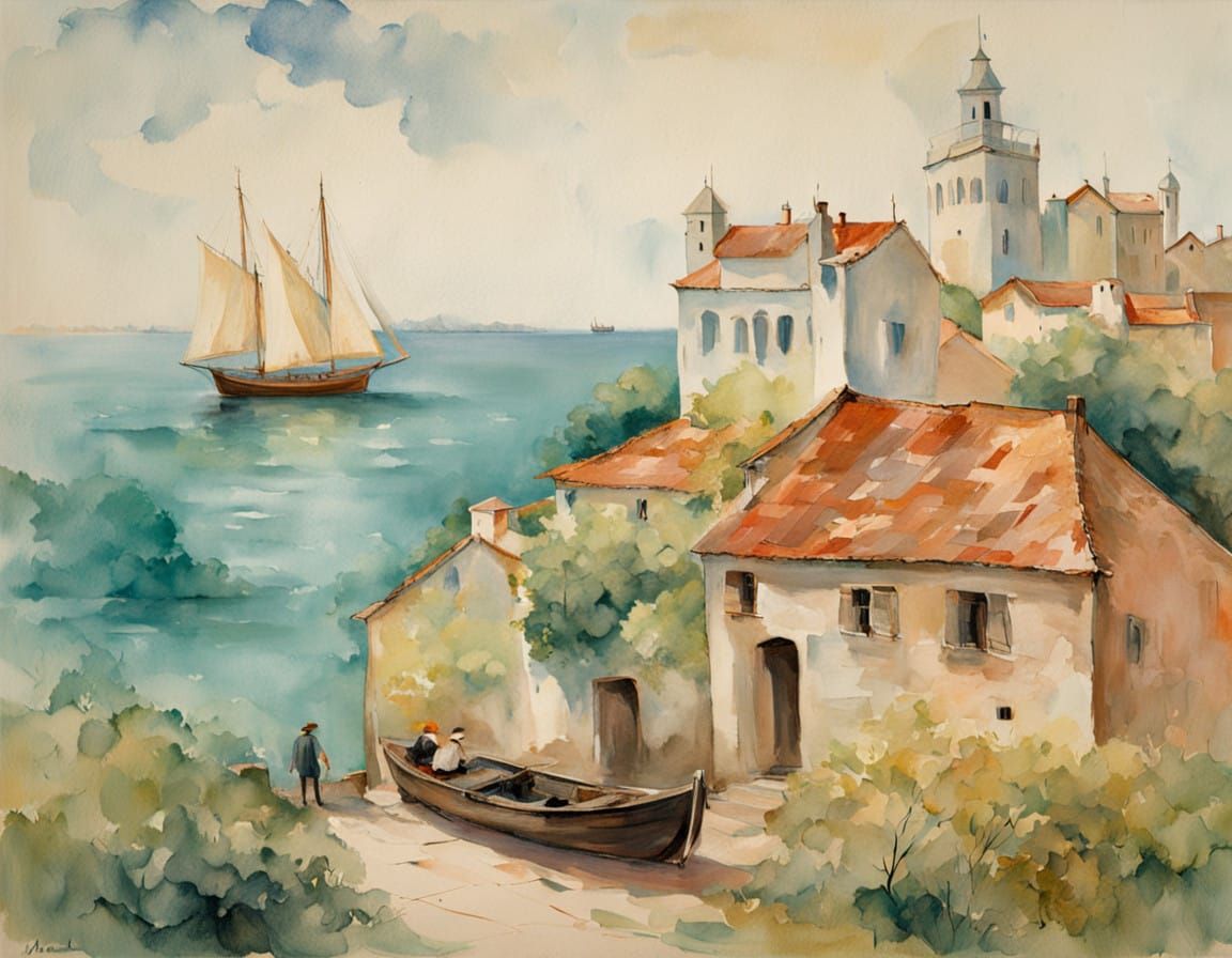 Coastal Village on Weathered Cliffs in Earthy Tones