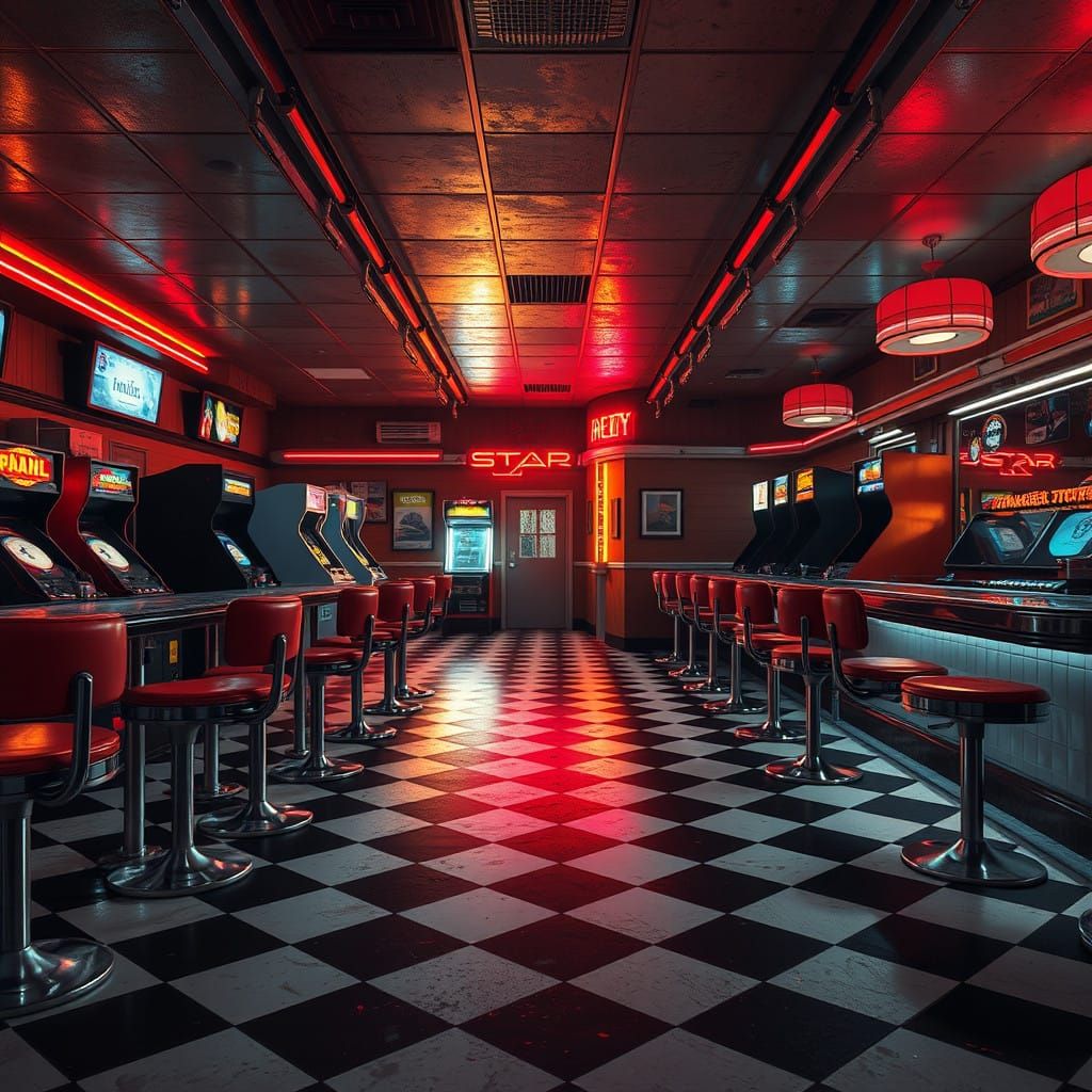 Abandoned Arcade Diner in a Futuristic Liminal Space