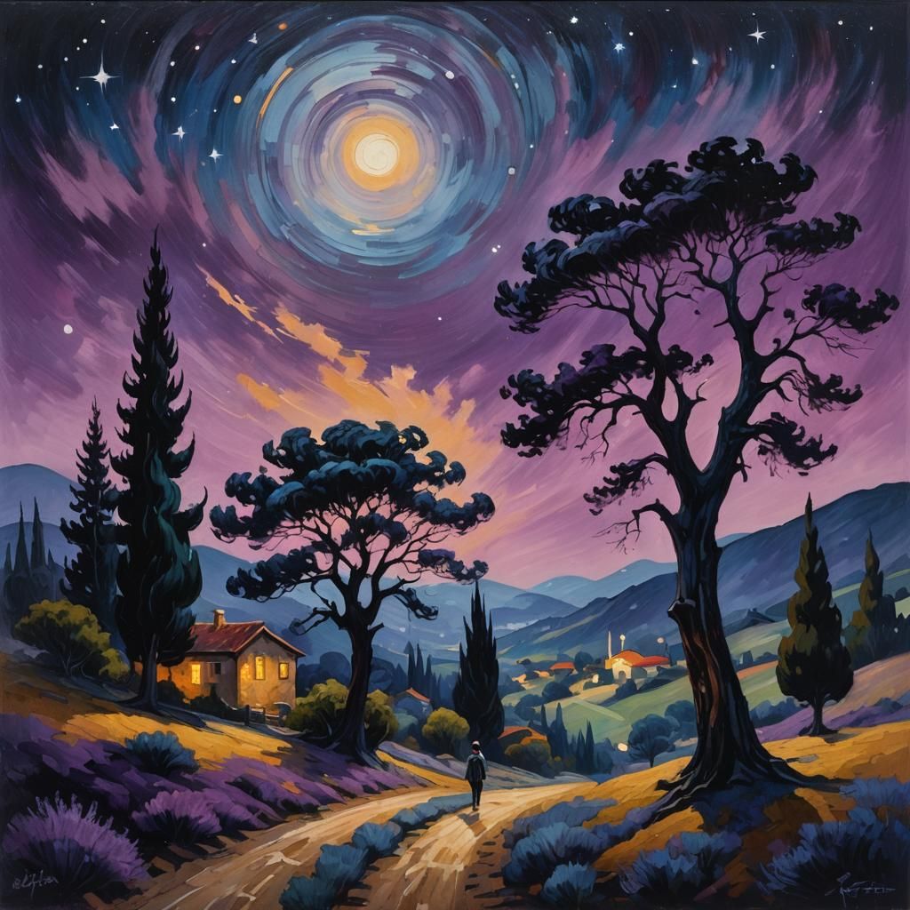 Impressionist Nocturnal Landscape with Swirling Starry Sky