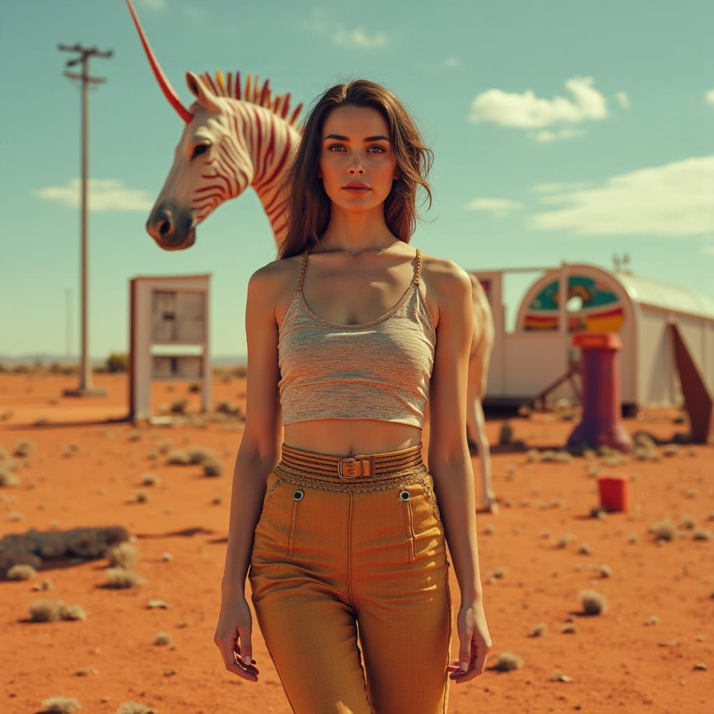 Elegant Woman with Rainbow Zebra Unicorn in Desert Landscape