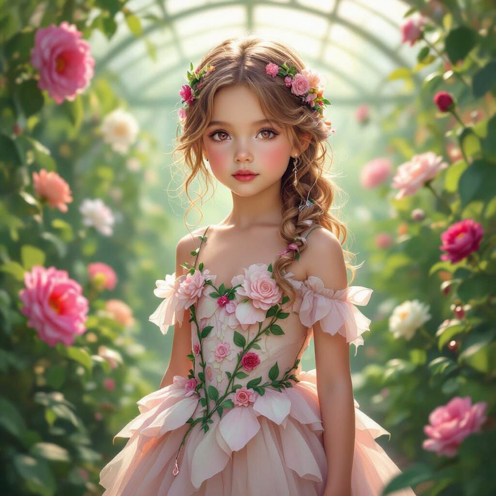 Rose-Gold Girl in Greenhouse: Fantasy Art