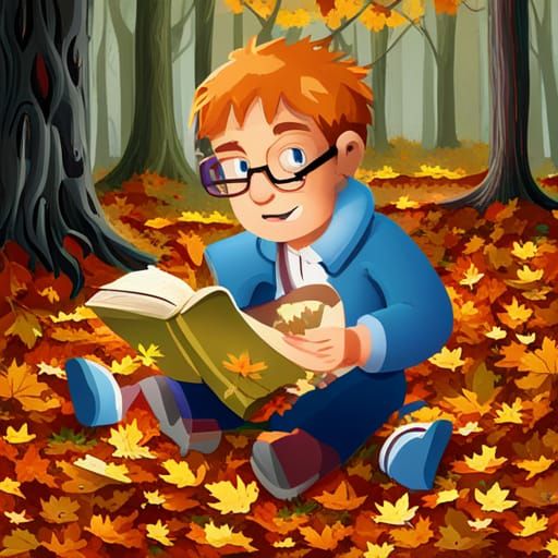 Boy Reading Old Book in Autumn Leaves