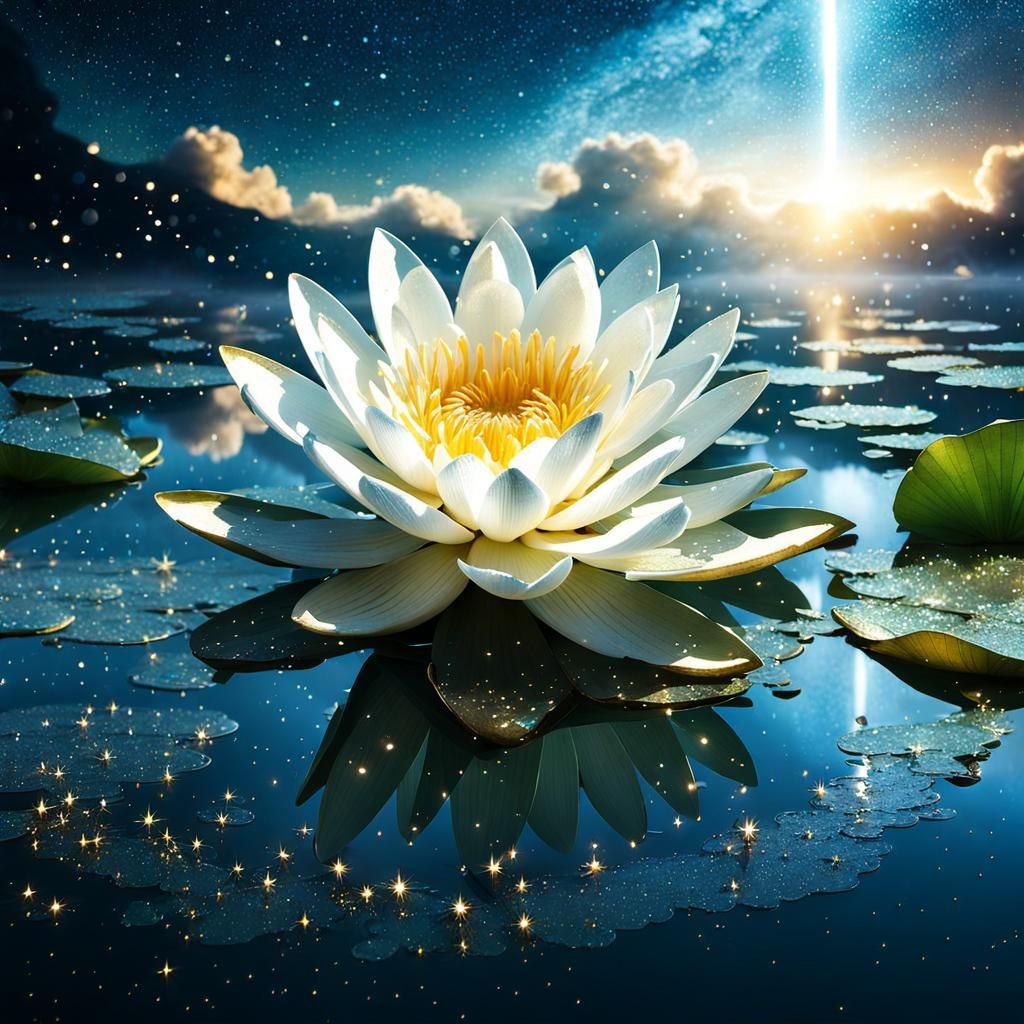 Crystal Water Lily with Glitter Rain and Bioluminescence